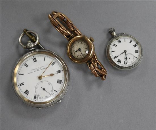 A 9ct gold wrist watch, a silver pocket watch and a fob watch.